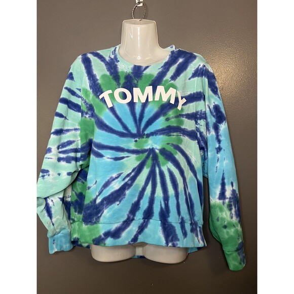 Tommy Hilfiger Sweatshirt Womens Medium Blue Green Tie Dye TOMMY Logo Crewneck - Picture 1 of 8